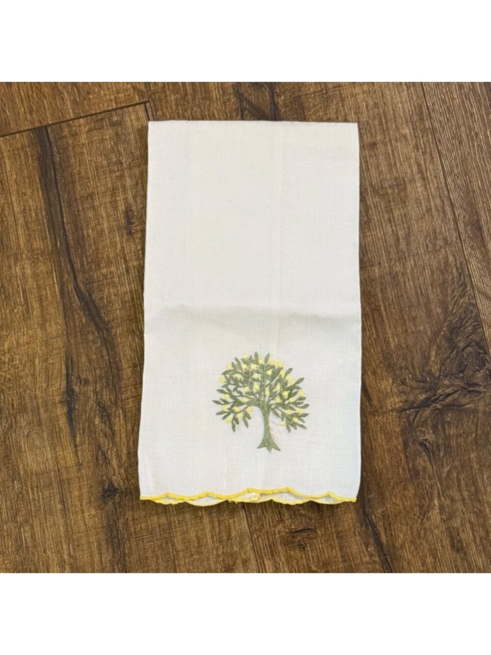 Vintage White Linen Tea Towel Embroidered Lemon Tree Yellow Scalloped Edge